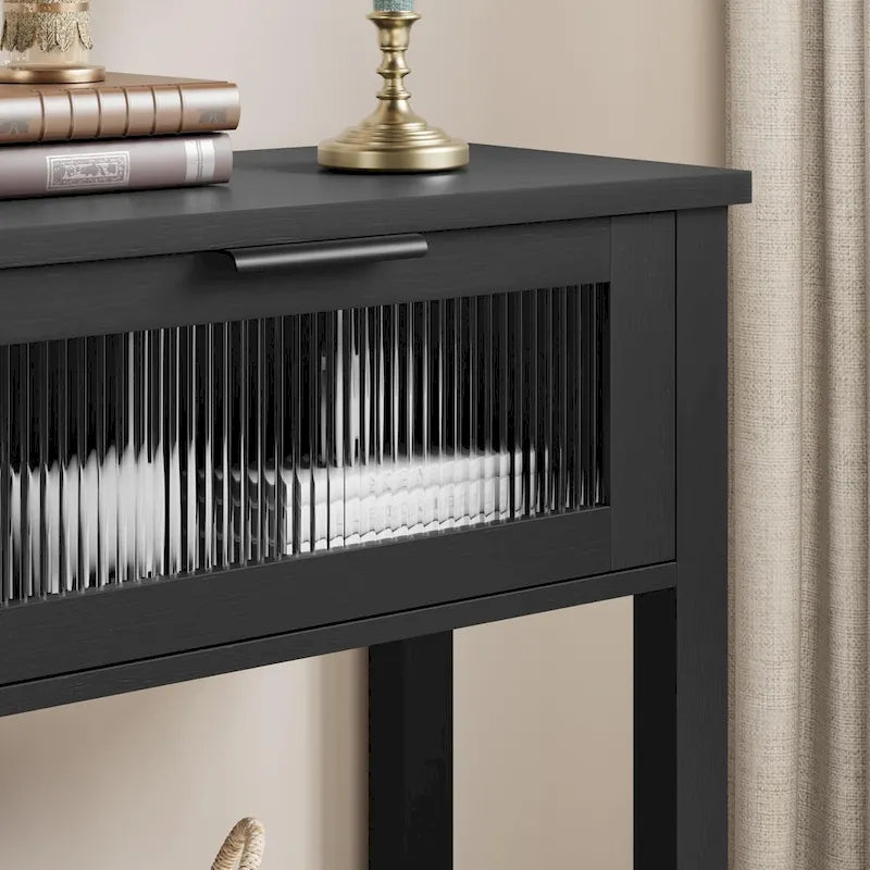 Table console rustique de ferme, coloris bois rustique/marron/noir, avec 2 tiroirs en verre et étagère à 2 niveaux - Usage unique