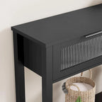 Table console rustique de ferme, coloris bois rustique/marron/noir, avec 2 tiroirs en verre et étagère à 2 niveaux - Usage unique