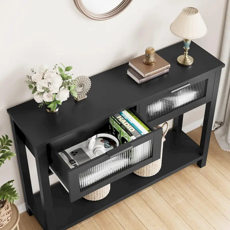 Table console rustique de ferme, coloris bois rustique/marron/noir, avec 2 tiroirs en verre et étagère à 2 niveaux - Usage unique