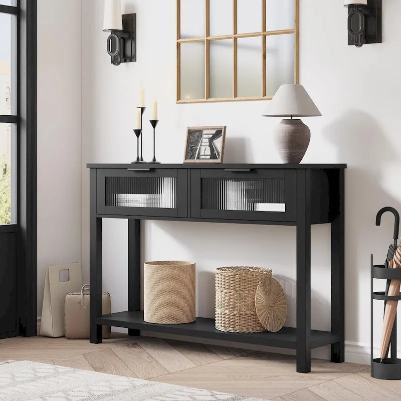 Table console rustique de ferme, coloris bois rustique/marron/noir, avec 2 tiroirs en verre et étagère à 2 niveaux - Usage unique