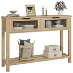 Table console rustique de ferme, coloris bois rustique/marron/noir, avec 2 tiroirs en verre et étagère à 2 niveaux - Usage unique