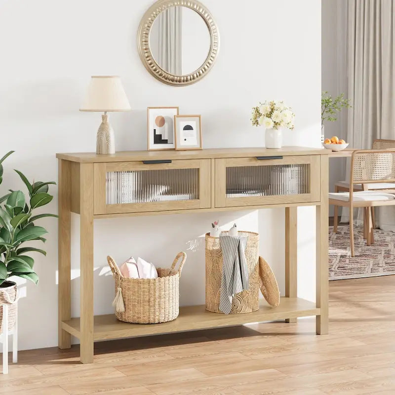 Table console rustique de ferme, coloris bois rustique/marron/noir, avec 2 tiroirs en verre et étagère à 2 niveaux - Usage unique