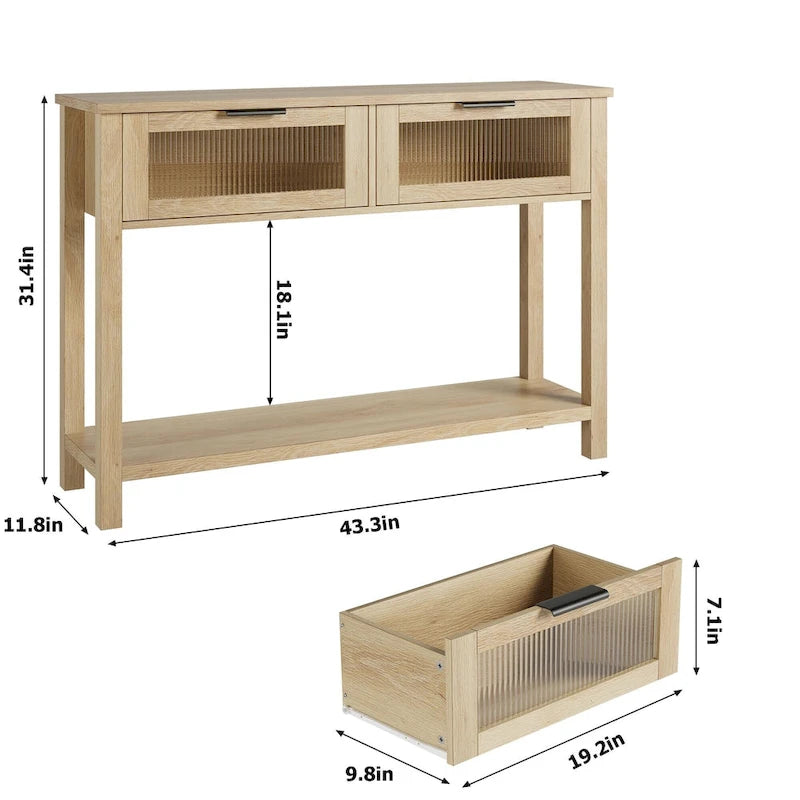 Table console rustique de ferme, coloris bois rustique/marron/noir, avec 2 tiroirs en verre et étagère à 2 niveaux - Usage unique