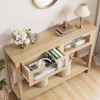 Table console rustique de ferme, coloris bois rustique/marron/noir, avec 2 tiroirs en verre et étagère à 2 niveaux - Usage unique