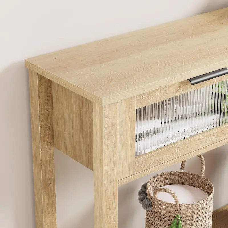 Table console rustique de ferme, coloris bois rustique/marron/noir, avec 2 tiroirs en verre et étagère à 2 niveaux - Usage unique