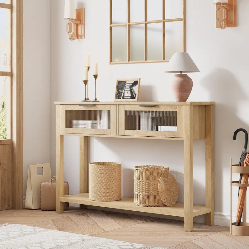 Table console rustique de ferme, coloris bois rustique/marron/noir, avec 2 tiroirs en verre et étagère à 2 niveaux - Usage unique