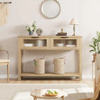 Table console rustique de ferme, coloris bois rustique/marron/noir, avec 2 tiroirs en verre et étagère à 2 niveaux - Usage unique