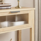 Table console rustique de ferme, coloris bois rustique/marron/noir, avec 2 tiroirs en verre et étagère à 2 niveaux - Usage unique