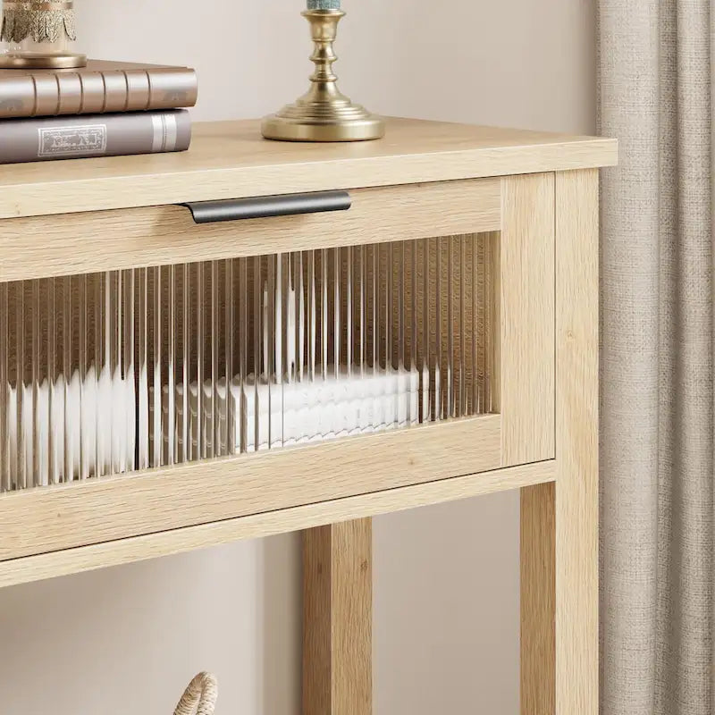 Table console rustique de ferme, coloris bois rustique/marron/noir, avec 2 tiroirs en verre et étagère à 2 niveaux - Usage unique