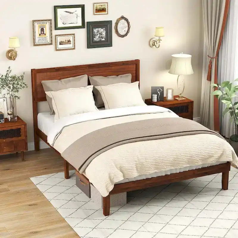Lit plateforme avec tête de lit rustique en noyer et rangement sous le lit - Convient à 2 personnes