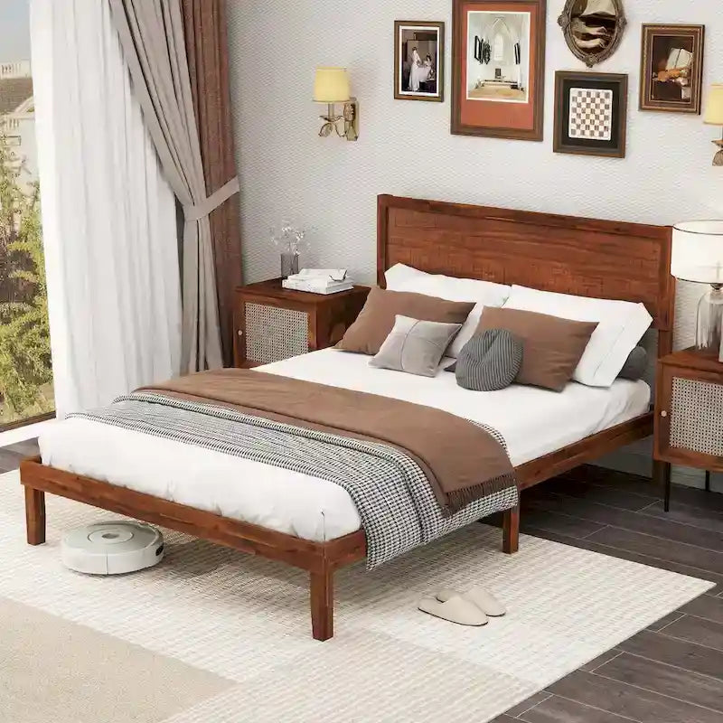 Lit plateforme avec tête de lit rustique en noyer et rangement sous le lit - Convient à 2 personnes