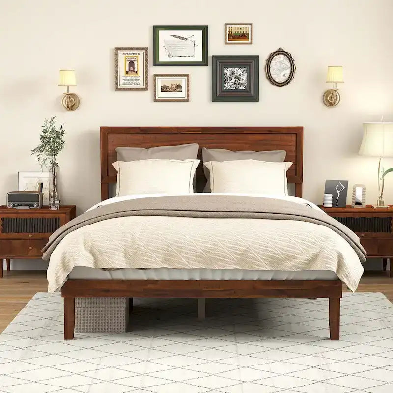 Lit plateforme avec tête de lit rustique en noyer et rangement sous le lit - Convient à 2 personnes