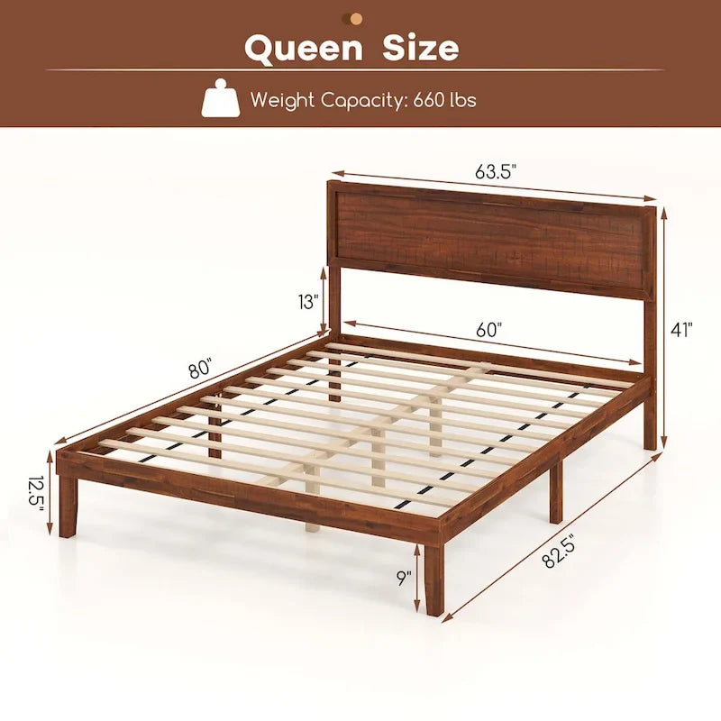Lit plateforme avec tête de lit rustique en noyer et rangement sous le lit - Convient à 2 personnes