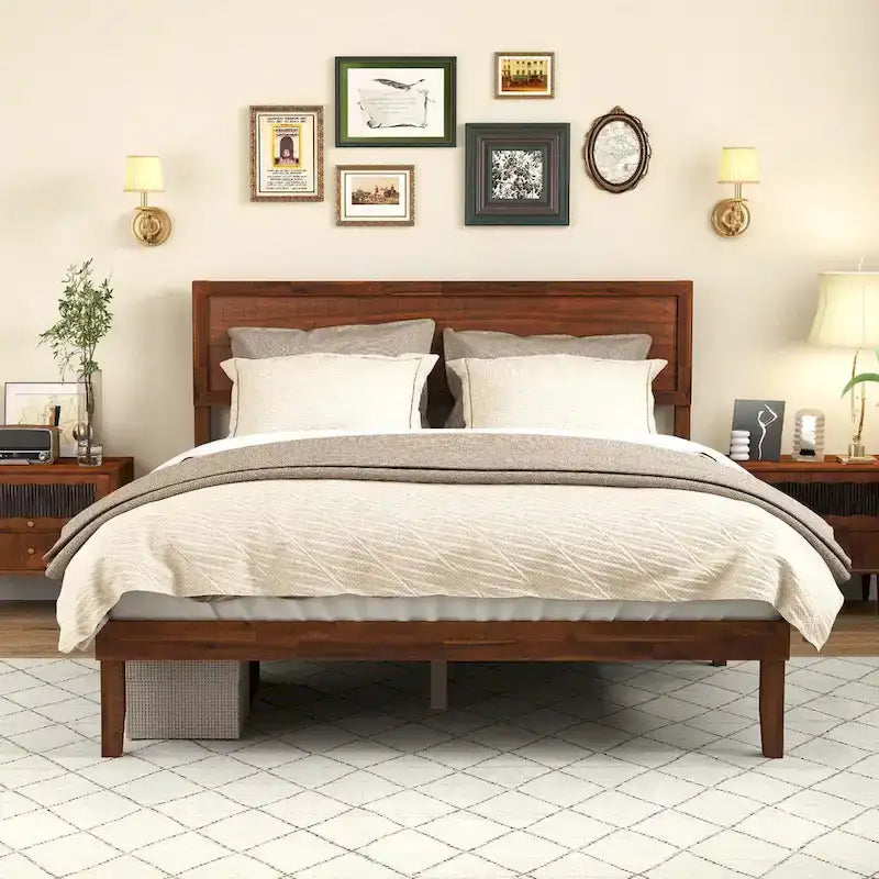 Lit plateforme avec tête de lit rustique en noyer et rangement sous le lit - Convient à 2 personnes