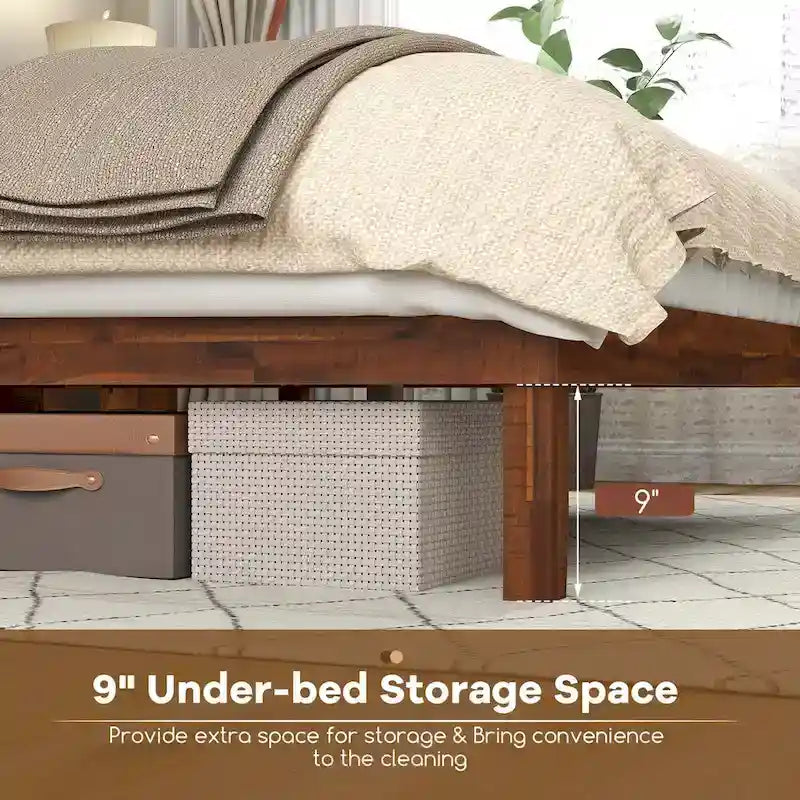 Lit plateforme avec tête de lit rustique en noyer et rangement sous le lit - Convient à 2 personnes