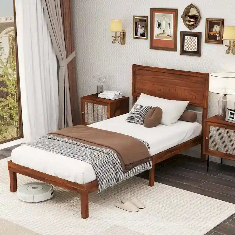 Lit plateforme avec tête de lit rustique en noyer et rangement sous le lit - Convient à 2 personnes