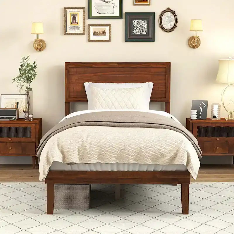 Lit plateforme avec tête de lit rustique en noyer et rangement sous le lit - Convient à 2 personnes
