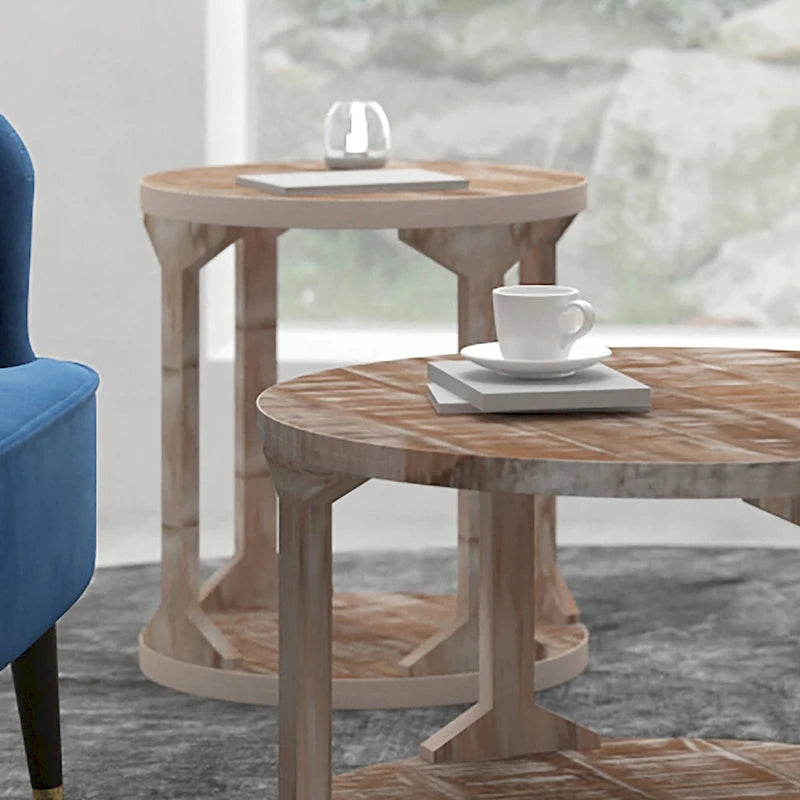 Table d'appoint ronde à deux niveaux en bois de manguier faite à la main, beige - Usage unique