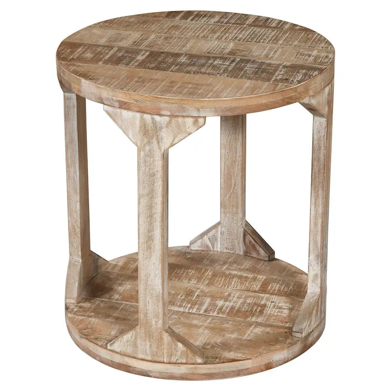 Table d'appoint ronde à deux niveaux en bois de manguier faite à la main, beige - Usage unique