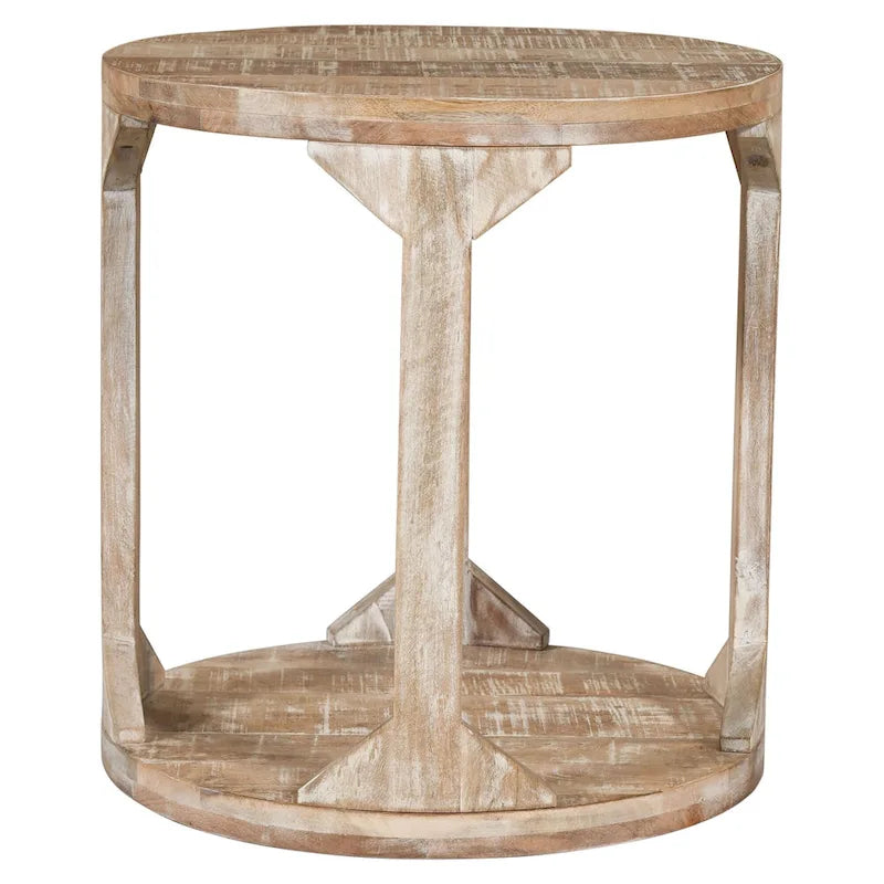 Table d'appoint ronde à deux niveaux en bois de manguier faite à la main, beige - Usage unique