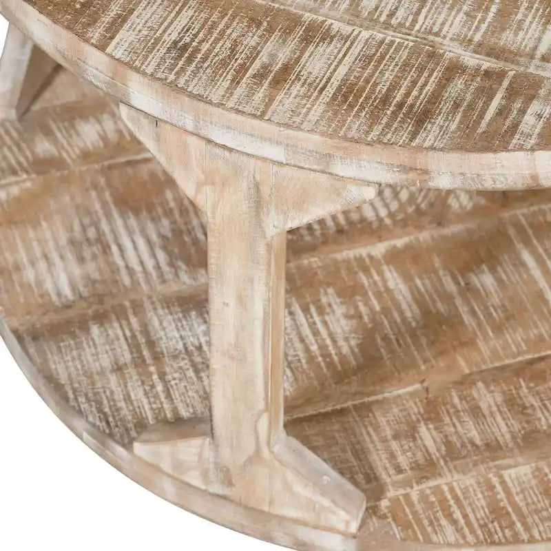 Table d'appoint ronde à deux niveaux en bois de manguier faite à la main, beige - Usage unique