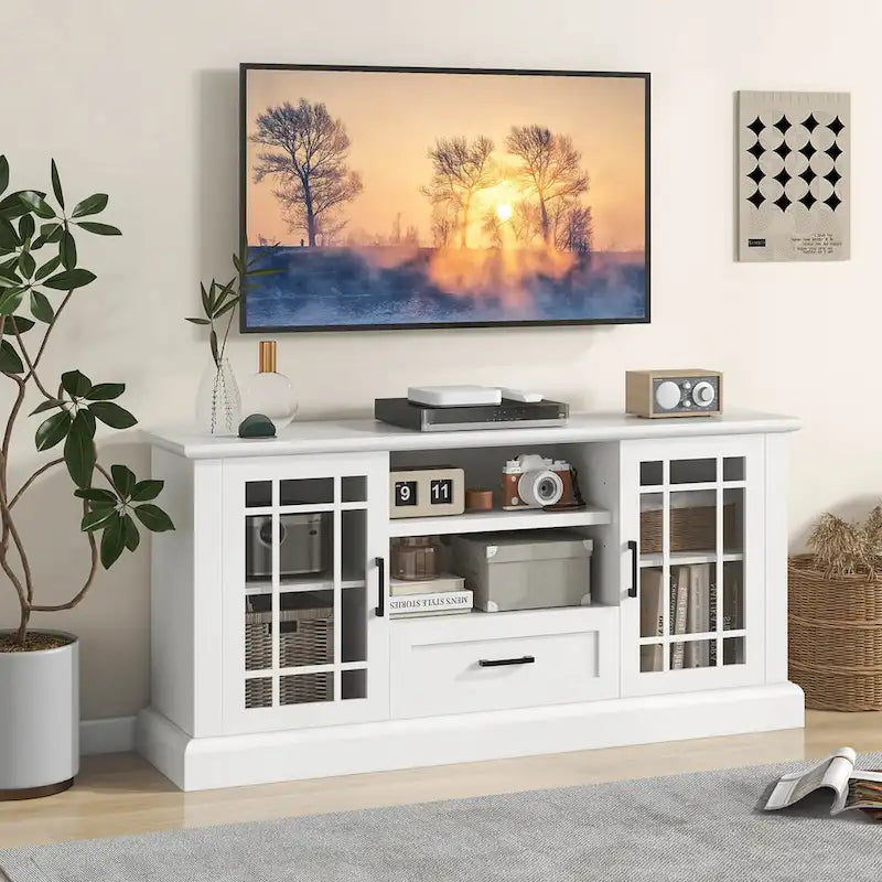Meuble TV blanc de style rustique avec portes vitrées pour téléviseurs jusqu'à 70" - Usage unique