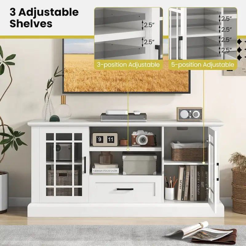 Meuble TV blanc de style rustique avec portes vitrées pour téléviseurs jusqu'à 70" - Usage unique