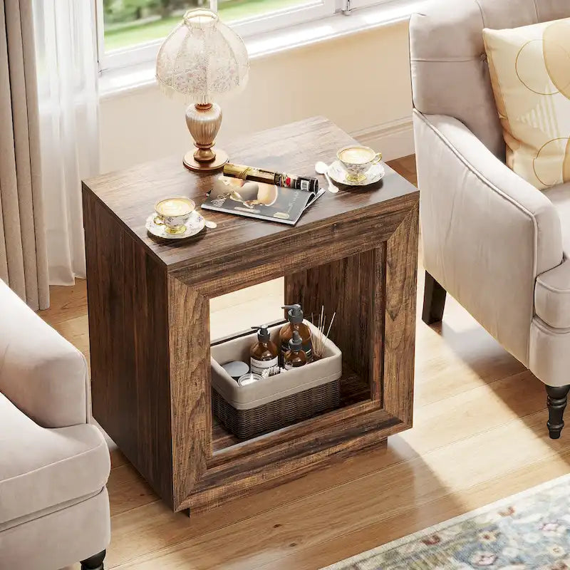 Table d'appoint noyer / bois noir avec rangement - Utilisation unique