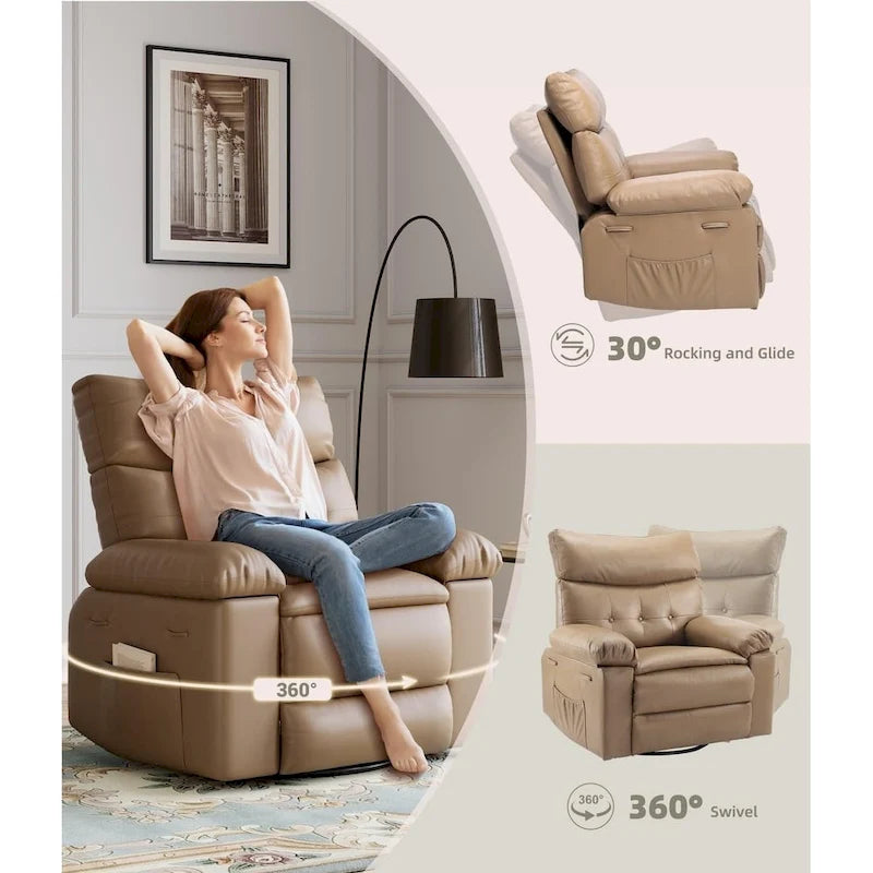Fauteuil inclinable pivotant et basculant à 360° en cuir PU beige/marron/jaune foncé/café/gris avec fonction chauffante et massage - Utilisation individuelle
