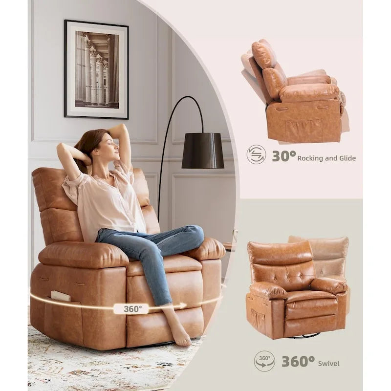 Fauteuil inclinable pivotant et basculant à 360° en cuir PU beige/marron/jaune foncé/café/gris avec fonction chauffante et massage - Utilisation individuelle