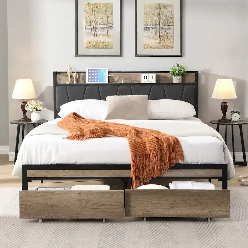 Lit plateforme entièrement métallique noir et gris avec tête de lit en bois et rangement sous le lit - Convient à 2 personnes