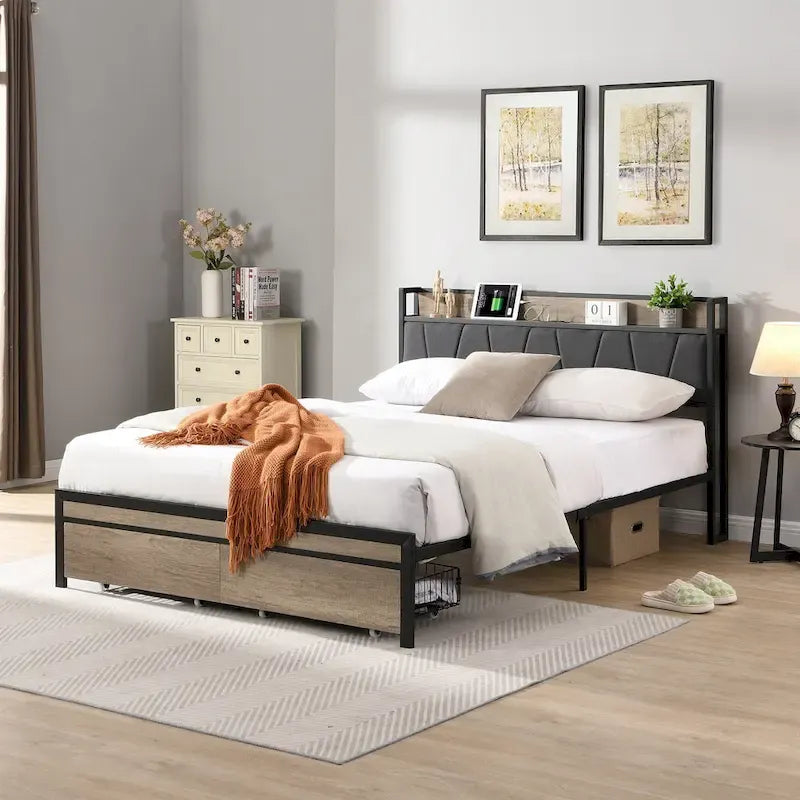 Lit plateforme entièrement métallique noir et gris avec tête de lit en bois et rangement sous le lit - Convient à 2 personnes