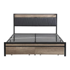 Lit plateforme entièrement métallique noir et gris avec tête de lit en bois et rangement sous le lit - Convient à 2 personnes
