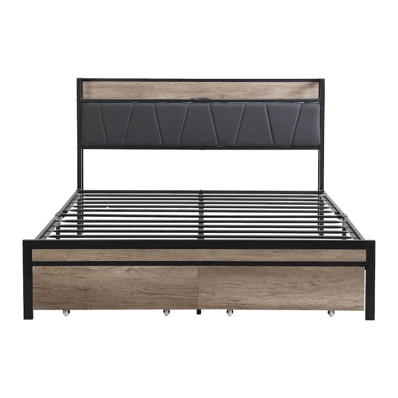 Lit plateforme entièrement métallique noir et gris avec tête de lit en bois et rangement sous le lit - Convient à 2 personnes
