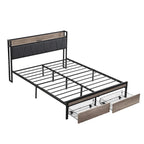 Lit plateforme entièrement métallique noir et gris avec tête de lit en bois et rangement sous le lit - Convient à 2 personnes