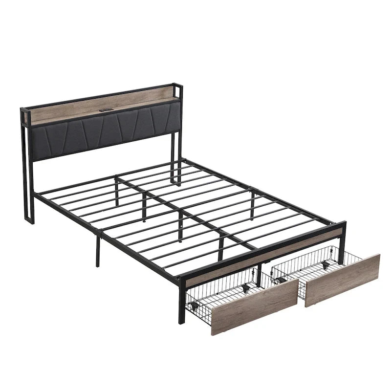 Lit plateforme entièrement métallique noir et gris avec tête de lit en bois et rangement sous le lit - Convient à 2 personnes