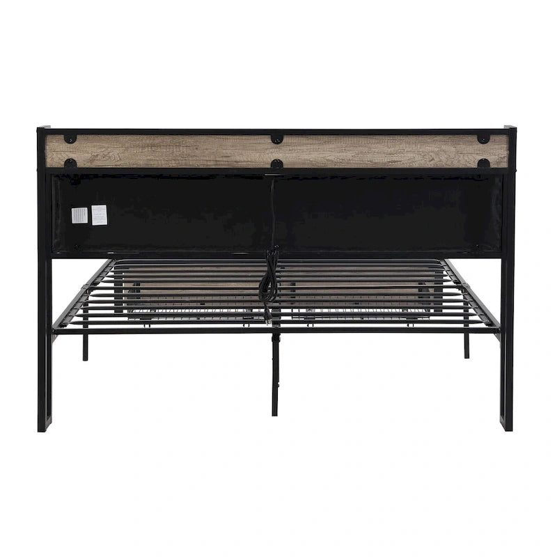 Lit plateforme entièrement métallique noir et gris avec tête de lit en bois et rangement sous le lit - Convient à 2 personnes