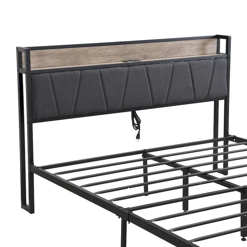 Lit plateforme entièrement métallique noir et gris avec tête de lit en bois et rangement sous le lit - Convient à 2 personnes