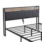 Lit plateforme entièrement métallique noir et gris avec tête de lit en bois et rangement sous le lit - Convient à 2 personnes