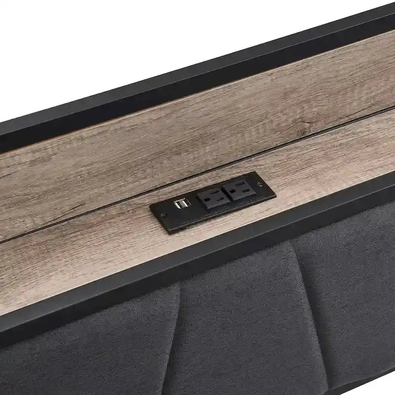 Lit plateforme entièrement métallique noir et gris avec tête de lit en bois et rangement sous le lit - Convient à 2 personnes