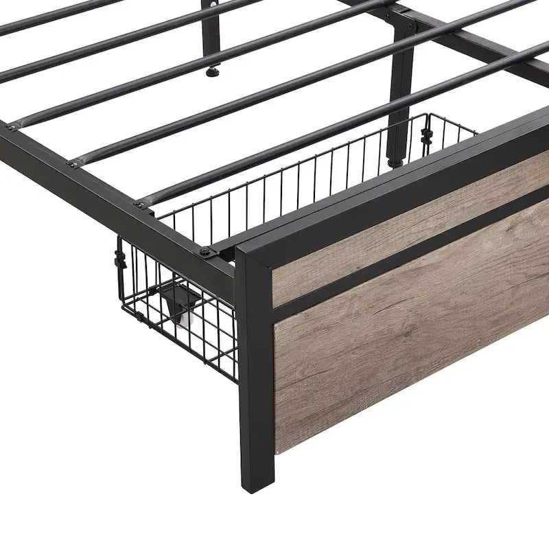 Lit plateforme entièrement métallique noir et gris avec tête de lit en bois et rangement sous le lit - Convient à 2 personnes