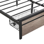 Lit plateforme entièrement métallique noir et gris avec tête de lit en bois et rangement sous le lit - Convient à 2 personnes