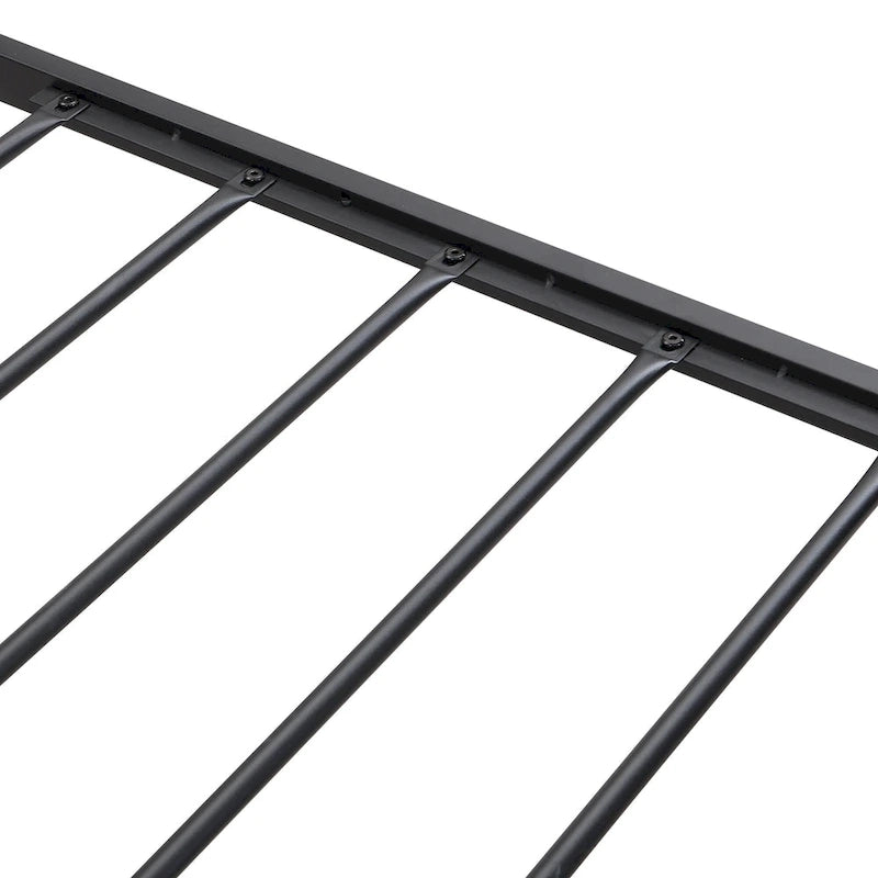 Lit plateforme entièrement métallique noir et gris avec tête de lit en bois et rangement sous le lit - Convient à 2 personnes