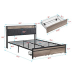 Lit plateforme entièrement métallique noir et gris avec tête de lit en bois et rangement sous le lit - Convient à 2 personnes