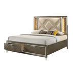 Lit contemporain complet en similicuir champagne avec tête de lit LED et garniture miroir – Convient pour 2 personnes