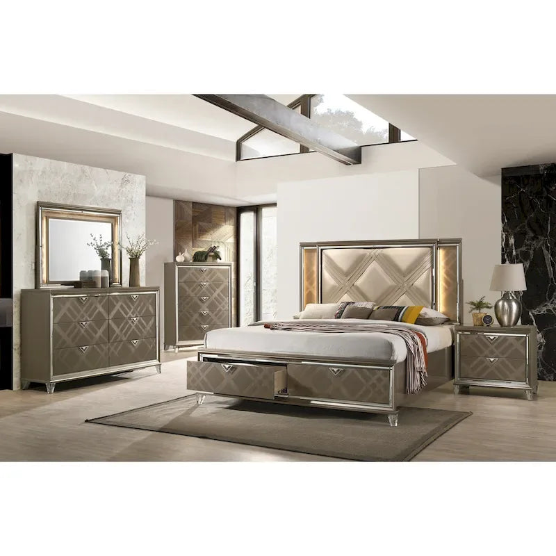 Lit contemporain complet en similicuir champagne avec tête de lit LED et garniture miroir – Convient pour 2 personnes