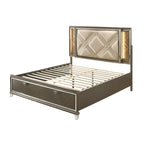 Lit contemporain complet en similicuir champagne avec tête de lit LED et garniture miroir – Convient pour 2 personnes