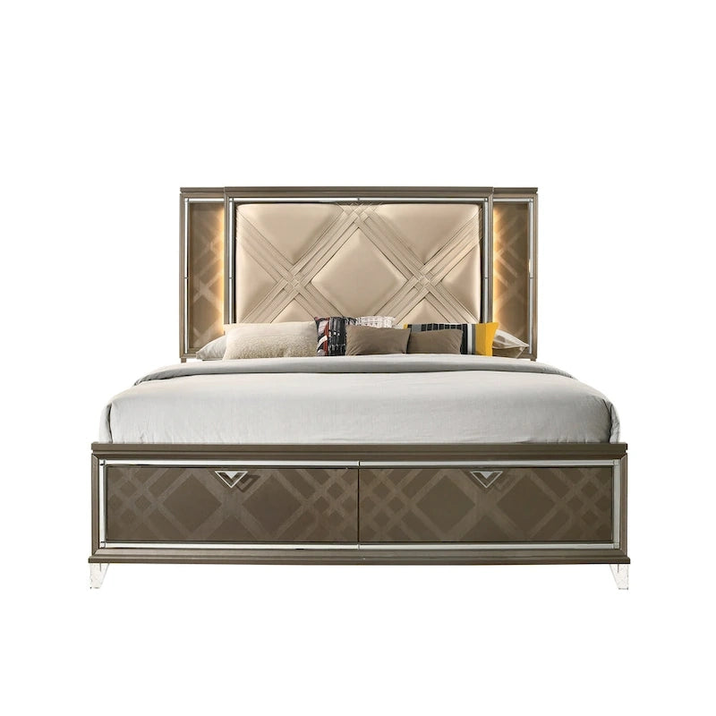 Lit contemporain complet en similicuir champagne avec tête de lit LED et garniture miroir – Convient pour 2 personnes