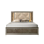 Lit contemporain complet en similicuir champagne avec tête de lit LED et garniture miroir – Convient pour 2 personnes