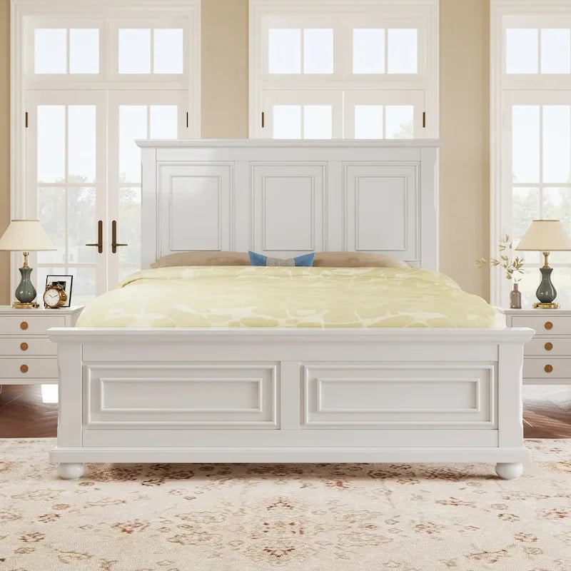 Lit traditionnel en pin White King avec tête et pied de lit décoratifs - Pour 2 personnes